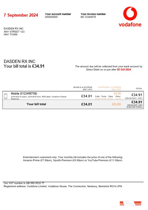 United Kingdom Vodafone business utility bill Word and PDF template PSD template